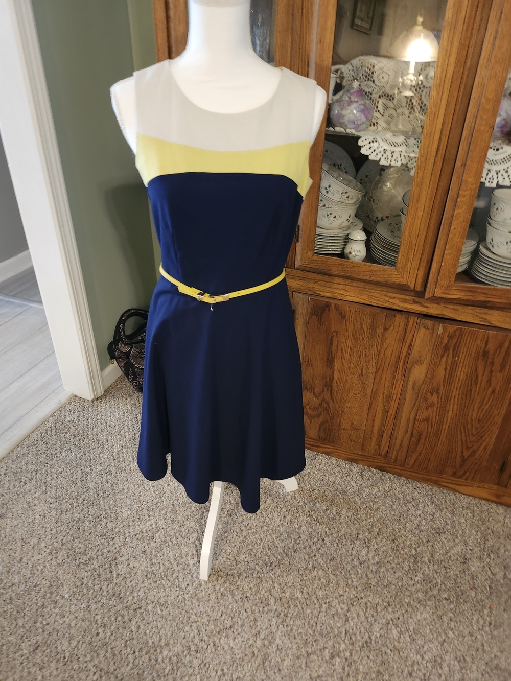 Sleeveless Navy and Yellow Colorblock A-Line Dress